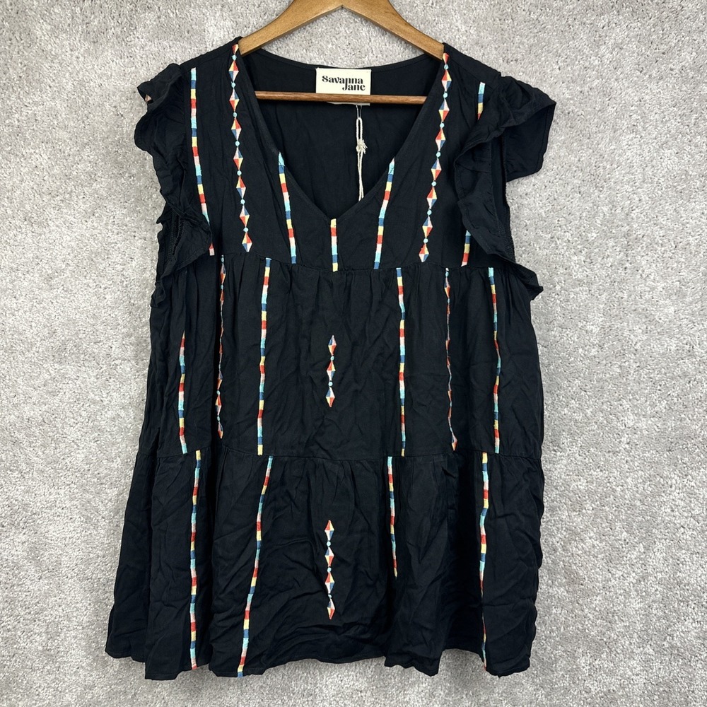 Savanna Jane Womens 1X Colorful Striped Embroidered V Neck Short Sleeve Top NWT